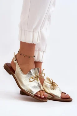 Clearance 2898 Skórzane Płaskie Sandały Złote Damskie Sandały Płaskie