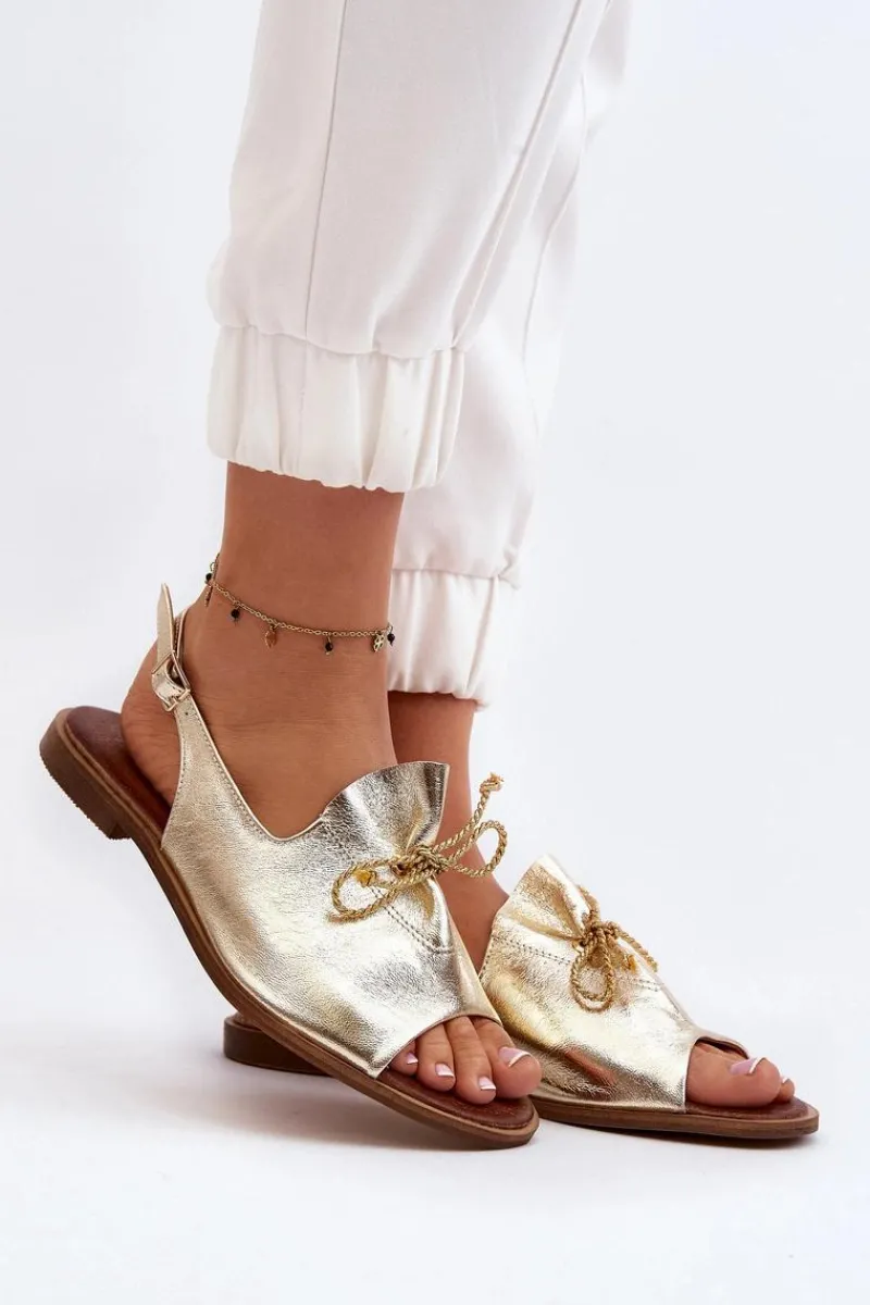 Clearance 2898 Skórzane Płaskie Sandały Złote Damskie Sandały Płaskie