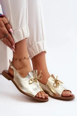 Clearance 2898 Skórzane Płaskie Sandały Złote Damskie Sandały Płaskie