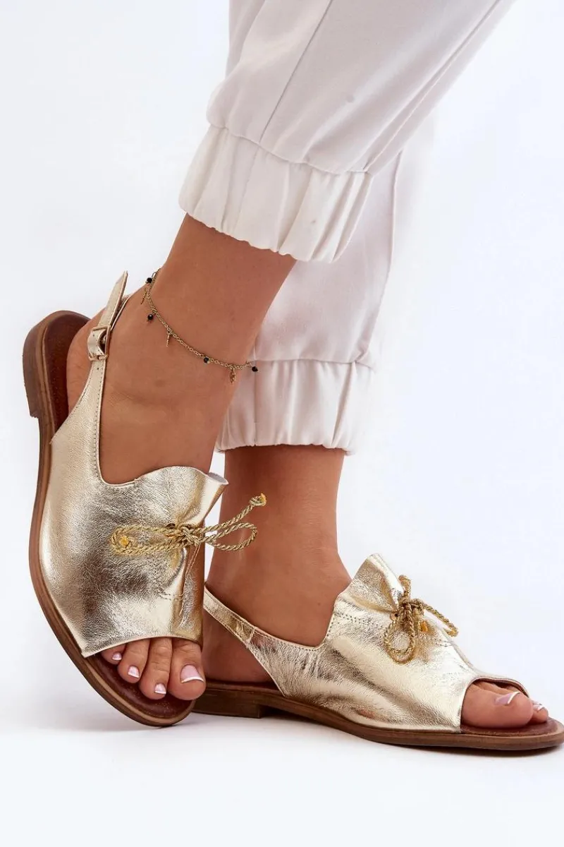 Clearance 2898 Skórzane Płaskie Sandały Złote Damskie Sandały Płaskie