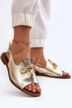 Clearance 2898 Skórzane Płaskie Sandały Złote Damskie Sandały Płaskie