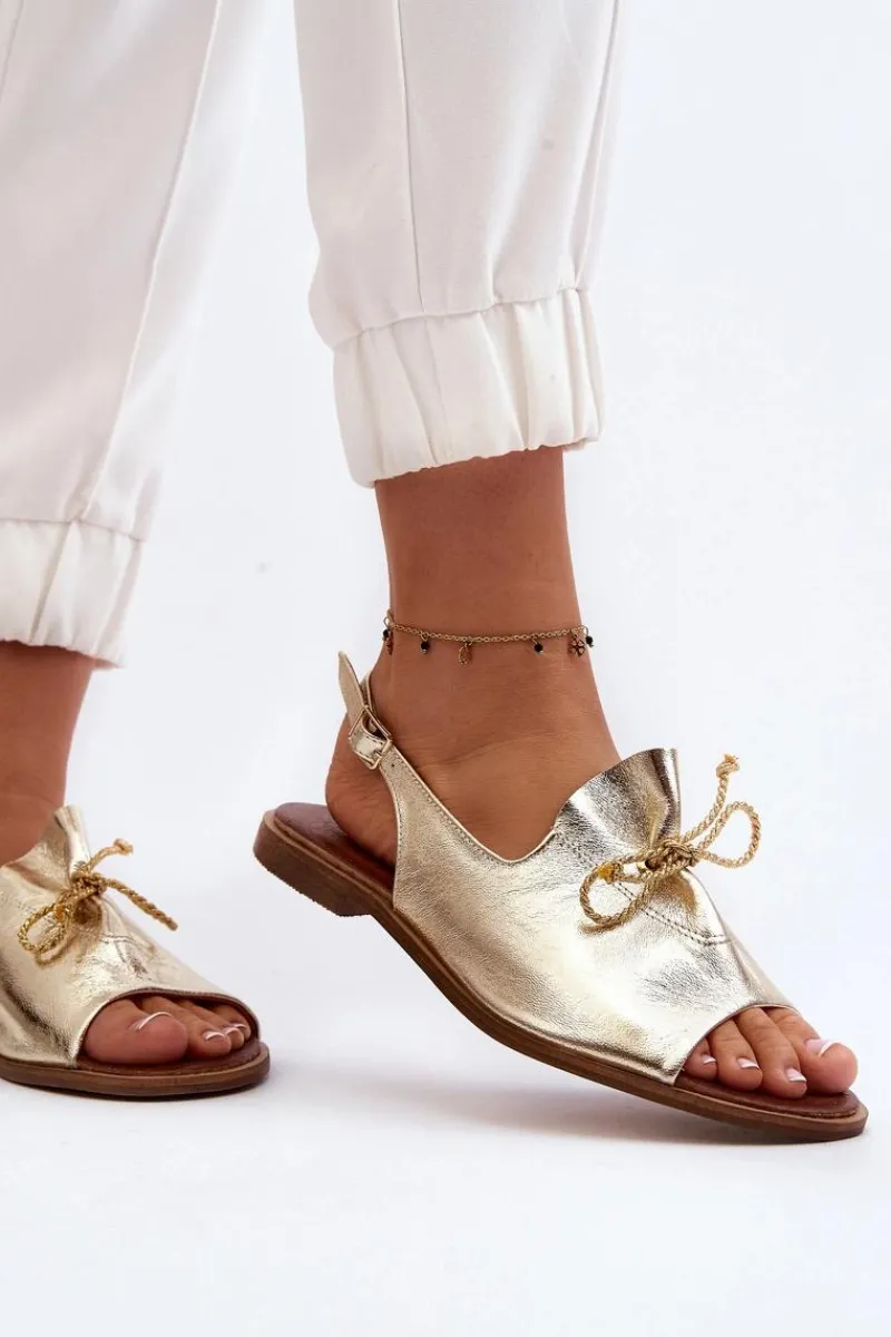 Clearance 2898 Skórzane Płaskie Sandały Złote Damskie Sandały Płaskie