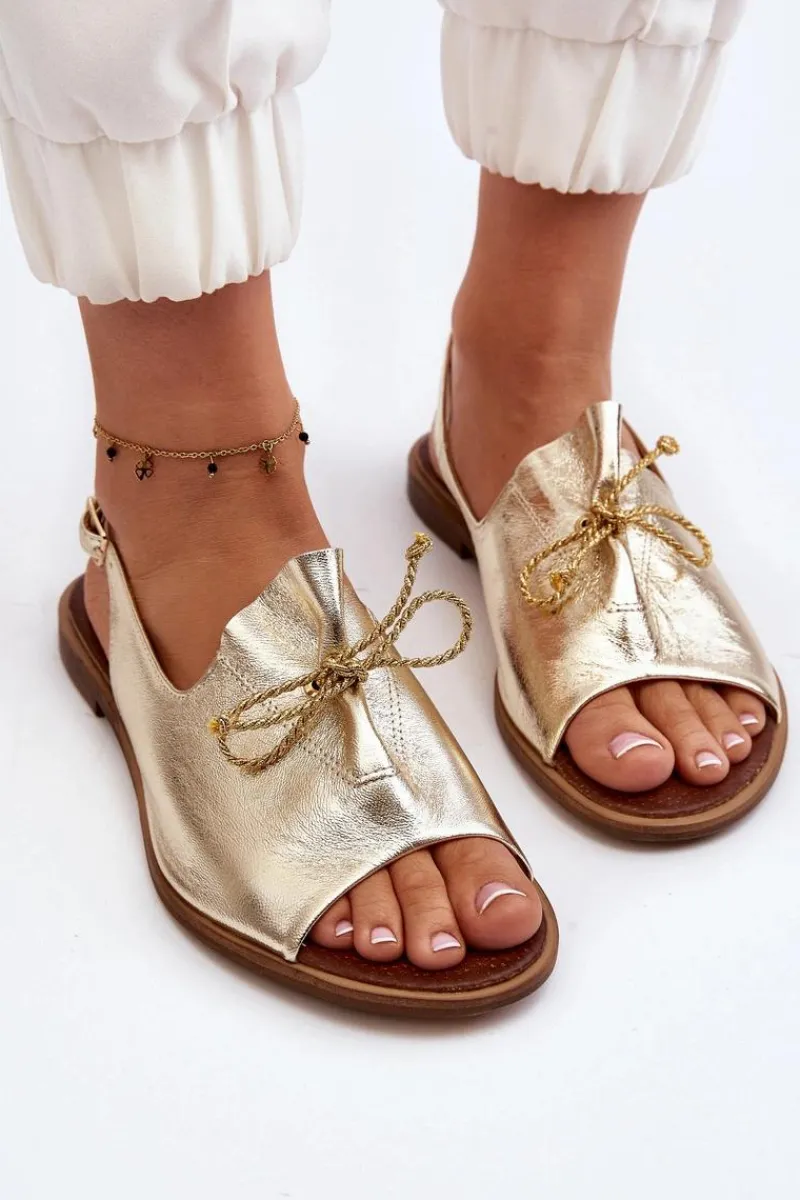 Clearance 2898 Skórzane Płaskie Sandały Złote Damskie Sandały Płaskie