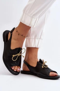 Zazoo 2898 Skórzane Płaskie Sandały Czarne Czarny