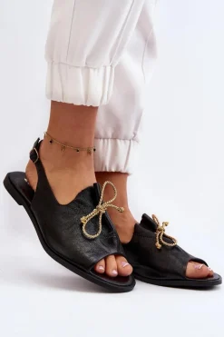 Zazoo 2898 Skórzane Płaskie Sandały Czarne Czarny