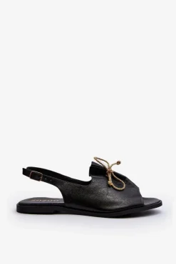 Zazoo 2898 Skórzane Płaskie Sandały Czarne Czarny