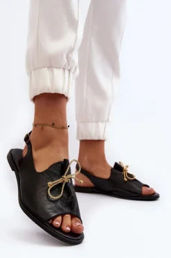 Zazoo 2898 Skórzane Płaskie Sandały Czarne Czarny