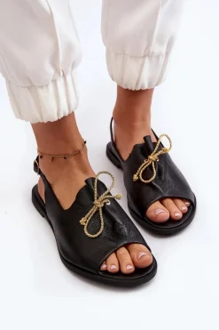 Zazoo 2898 Skórzane Płaskie Sandały Czarne Czarny