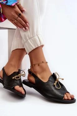 Zazoo 2898 Skórzane Płaskie Sandały Czarne Czarny