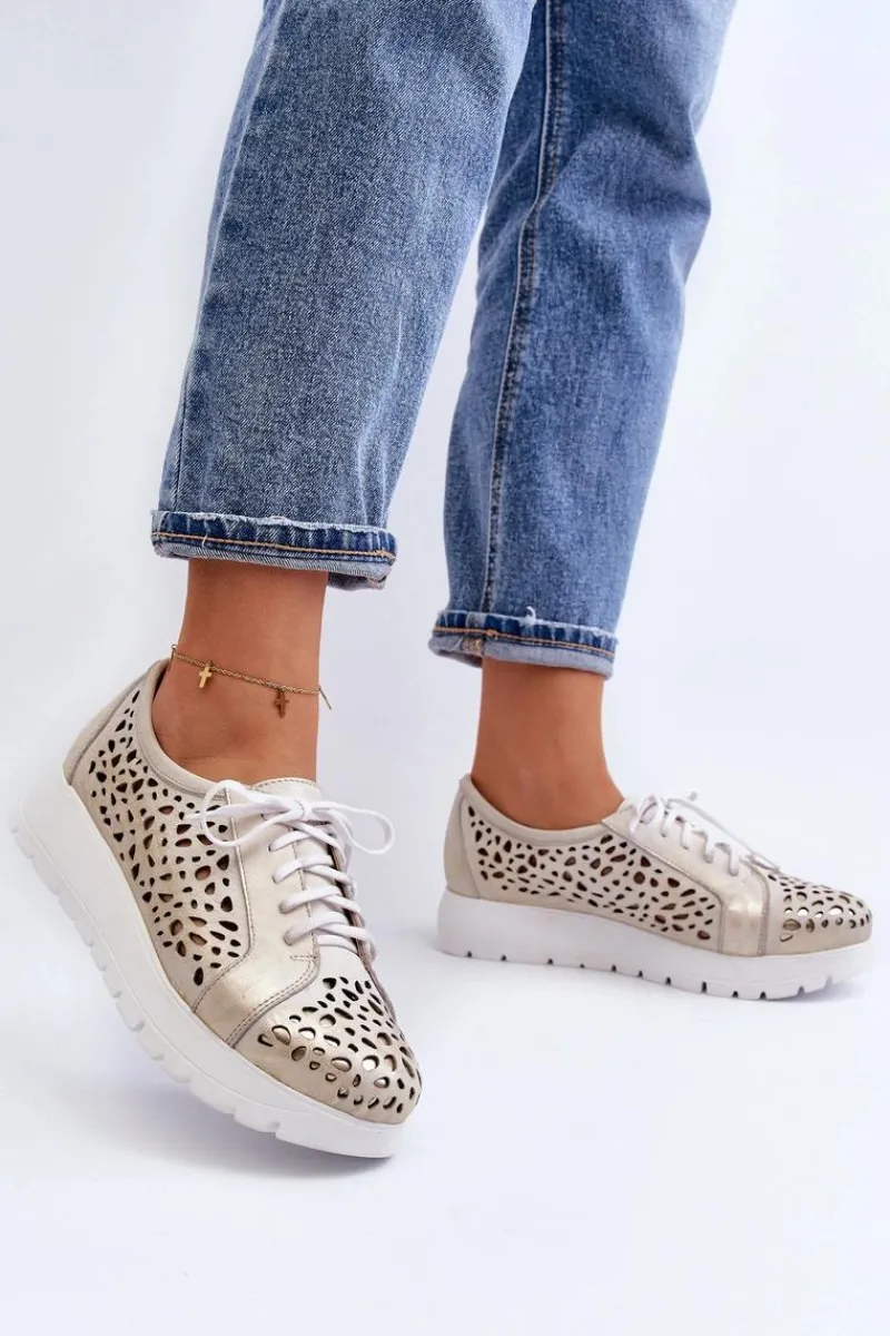 Online 2821 Skórzane Półbuty Damskie Ażurowe Złote Damskie Półbuty Skórzane