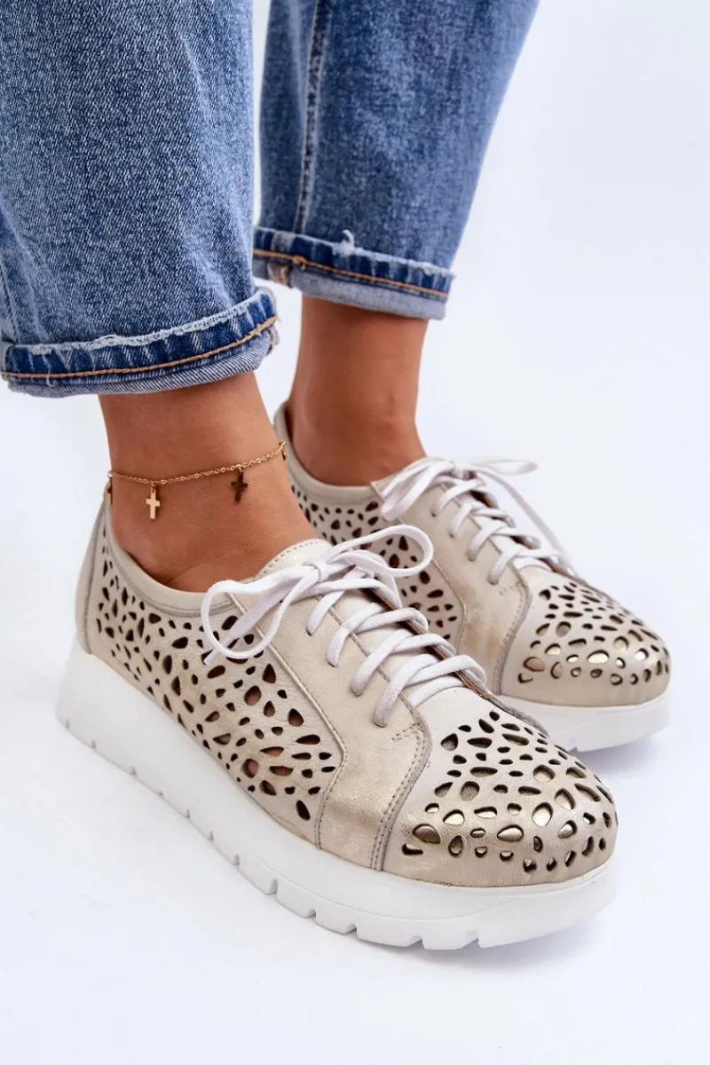 Online 2821 Skórzane Półbuty Damskie Ażurowe Złote Damskie Półbuty Skórzane