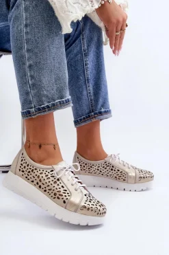 Online 2821 Skórzane Półbuty Damskie Ażurowe Złote Damskie Półbuty Skórzane