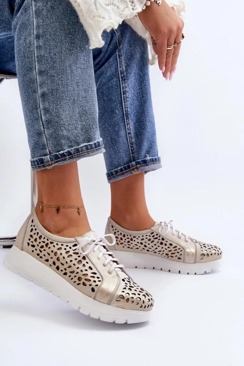 Online 2821 Skórzane Półbuty Damskie Ażurowe Złote Damskie Półbuty Skórzane