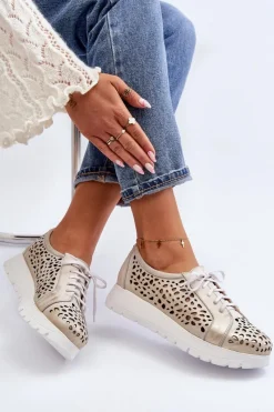 Online 2821 Skórzane Półbuty Damskie Ażurowe Złote Damskie Półbuty Skórzane