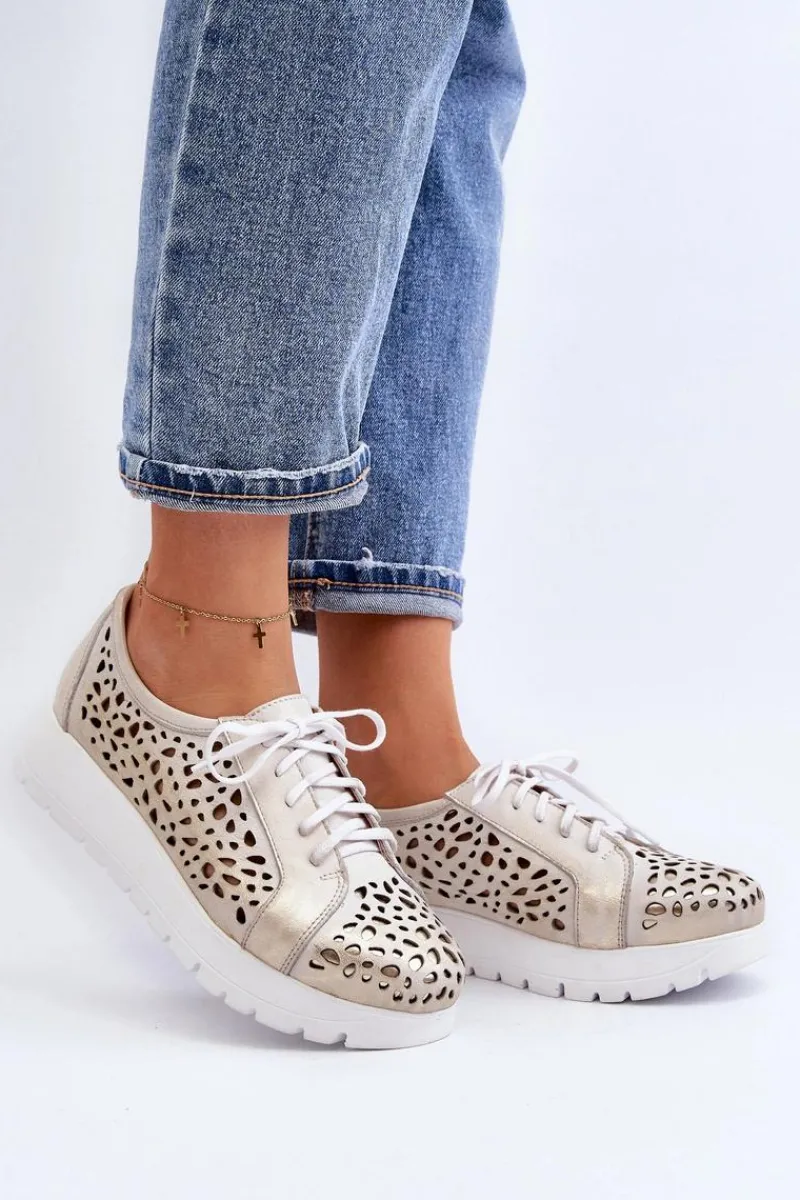 Online 2821 Skórzane Półbuty Damskie Ażurowe Złote Damskie Półbuty Skórzane