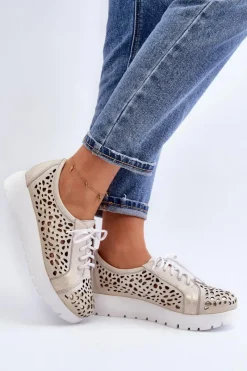 Online 2821 Skórzane Półbuty Damskie Ażurowe Złote Damskie Półbuty Skórzane