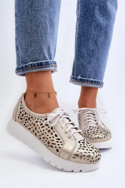 Online 2821 Skórzane Półbuty Damskie Ażurowe Złote Damskie Półbuty Skórzane