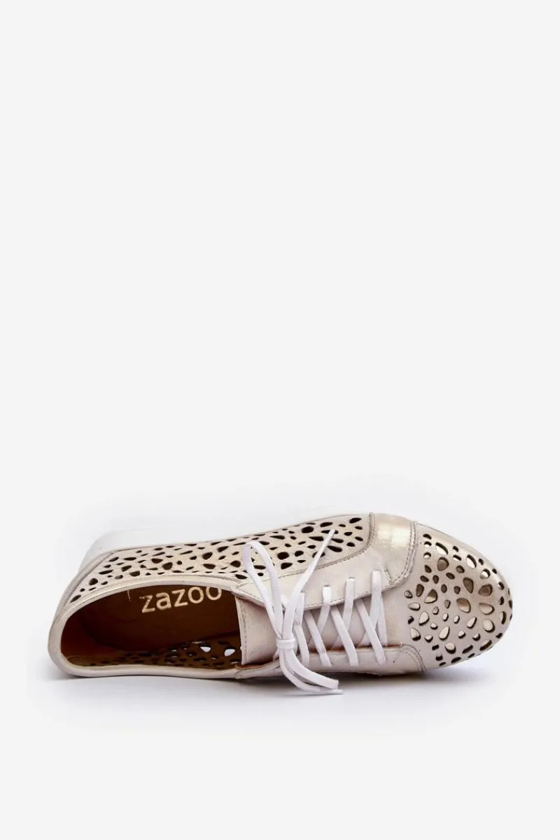 Online 2821 Skórzane Półbuty Damskie Ażurowe Złote Damskie Półbuty Skórzane