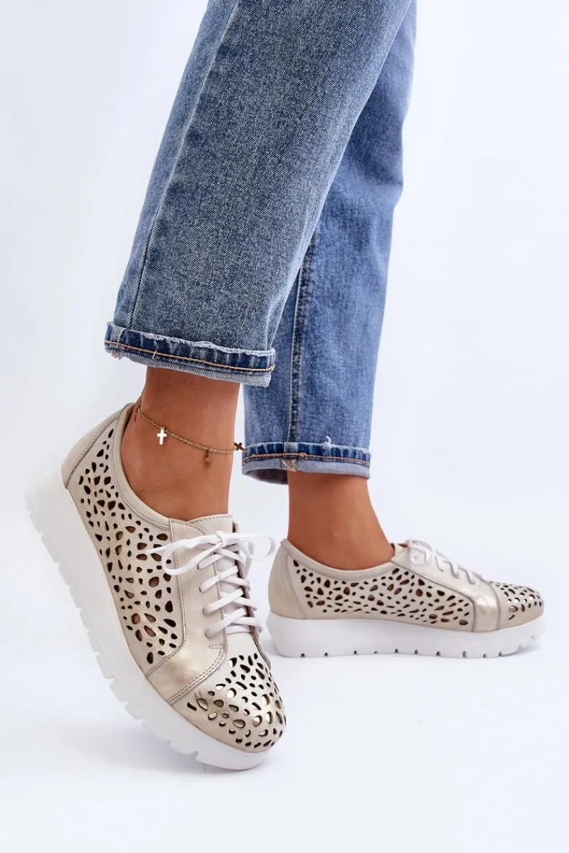 Online 2821 Skórzane Półbuty Damskie Ażurowe Złote Damskie Półbuty Skórzane