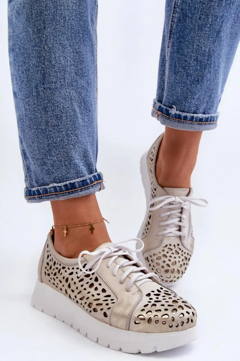 Online 2821 Skórzane Półbuty Damskie Ażurowe Złote Damskie Półbuty Skórzane