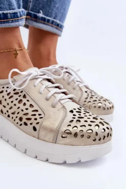 Online 2821 Skórzane Półbuty Damskie Ażurowe Złote Damskie Półbuty Skórzane