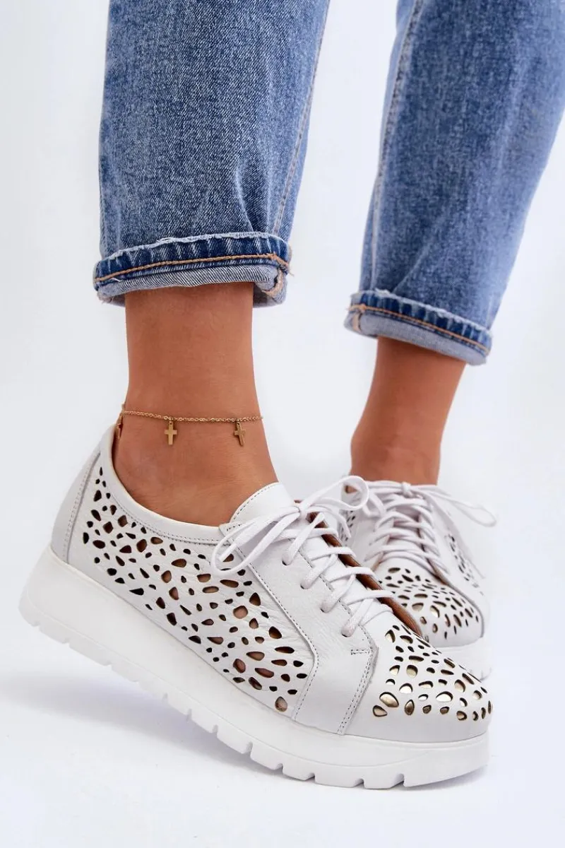 Online Zazoo 2821 Skórzane Półbuty Damskie Ażurowe Jasnoszare Szary