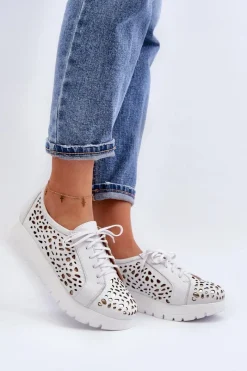 Online Zazoo 2821 Skórzane Półbuty Damskie Ażurowe Jasnoszare Szary