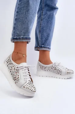 Online Zazoo 2821 Skórzane Półbuty Damskie Ażurowe Jasnoszare Szary