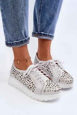 Online Zazoo 2821 Skórzane Półbuty Damskie Ażurowe Jasnoszare Szary