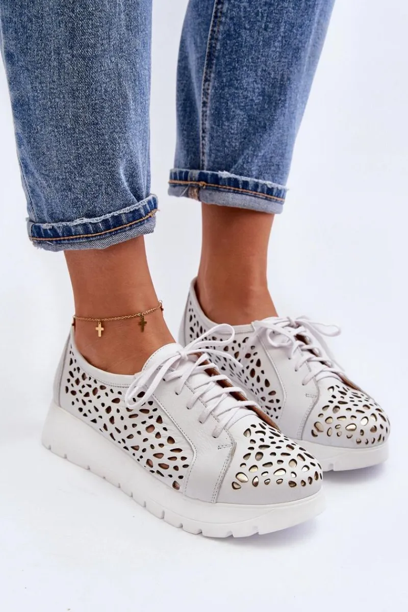 Online Zazoo 2821 Skórzane Półbuty Damskie Ażurowe Jasnoszare Szary