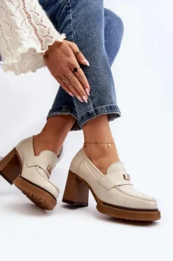 Hot 20169 Skórzane Półbuty Na Obcasie Beżowe Damskie Półbuty Lakierowane|Półbuty Skórzane