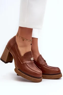 Best 20169 Skórzane Półbuty Na Obcasie Brązowe Damskie Półbuty Skórzane