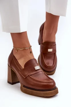 Best 20169 Skórzane Półbuty Na Obcasie Brązowe Damskie Półbuty Skórzane