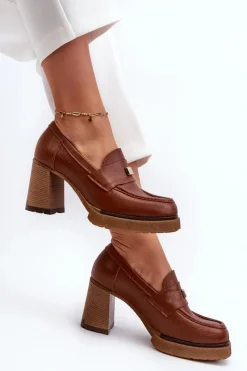 Best 20169 Skórzane Półbuty Na Obcasie Brązowe Damskie Półbuty Skórzane