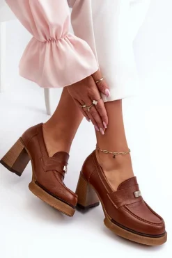 Best 20169 Skórzane Półbuty Na Obcasie Brązowe Damskie Półbuty Skórzane