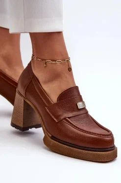 Best 20169 Skórzane Półbuty Na Obcasie Brązowe Damskie Półbuty Skórzane
