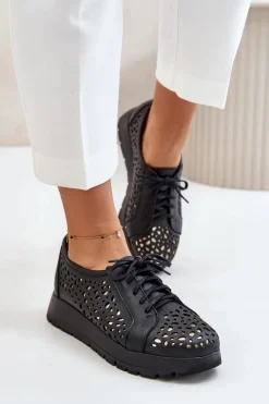 Hot Zazoo 2973 Skórzane Półbuty Na Platformie Z Ażurowym Wzorem Czarne Czarny