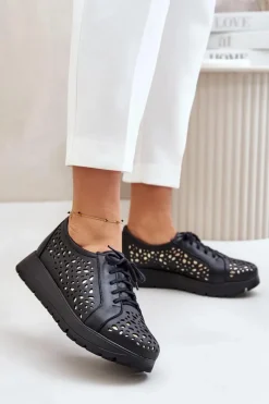 Hot Zazoo 2973 Skórzane Półbuty Na Platformie Z Ażurowym Wzorem Czarne Czarny