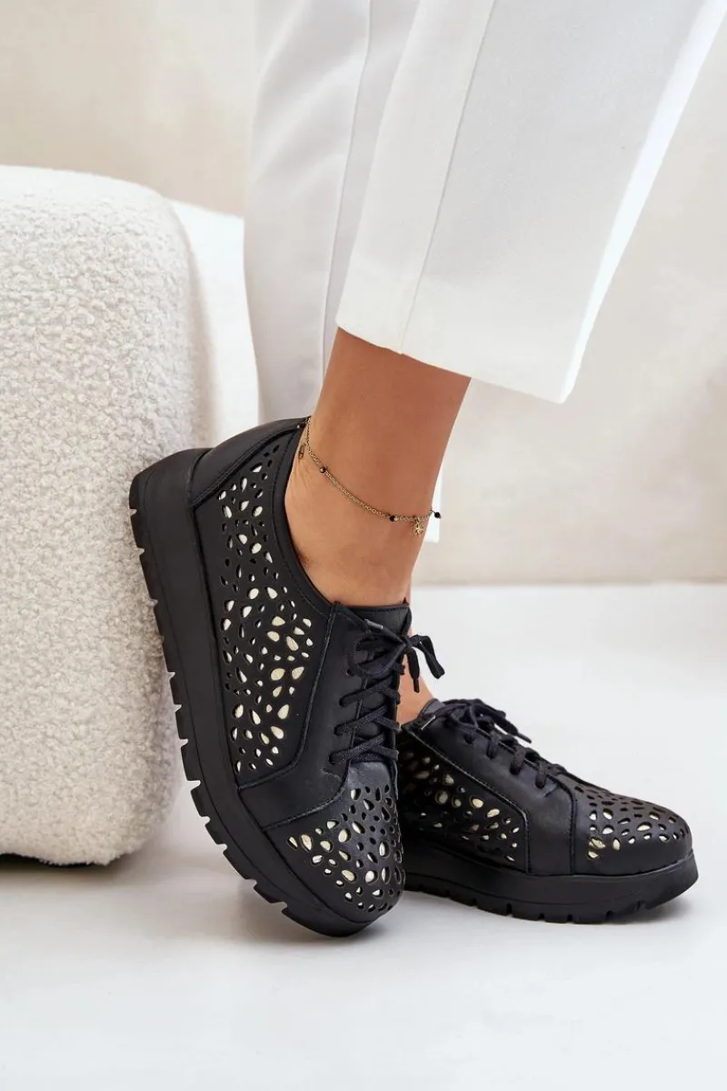 Hot Zazoo 2973 Skórzane Półbuty Na Platformie Z Ażurowym Wzorem Czarne Czarny