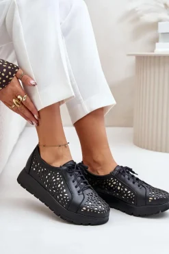 Hot Zazoo 2973 Skórzane Półbuty Na Platformie Z Ażurowym Wzorem Czarne Czarny