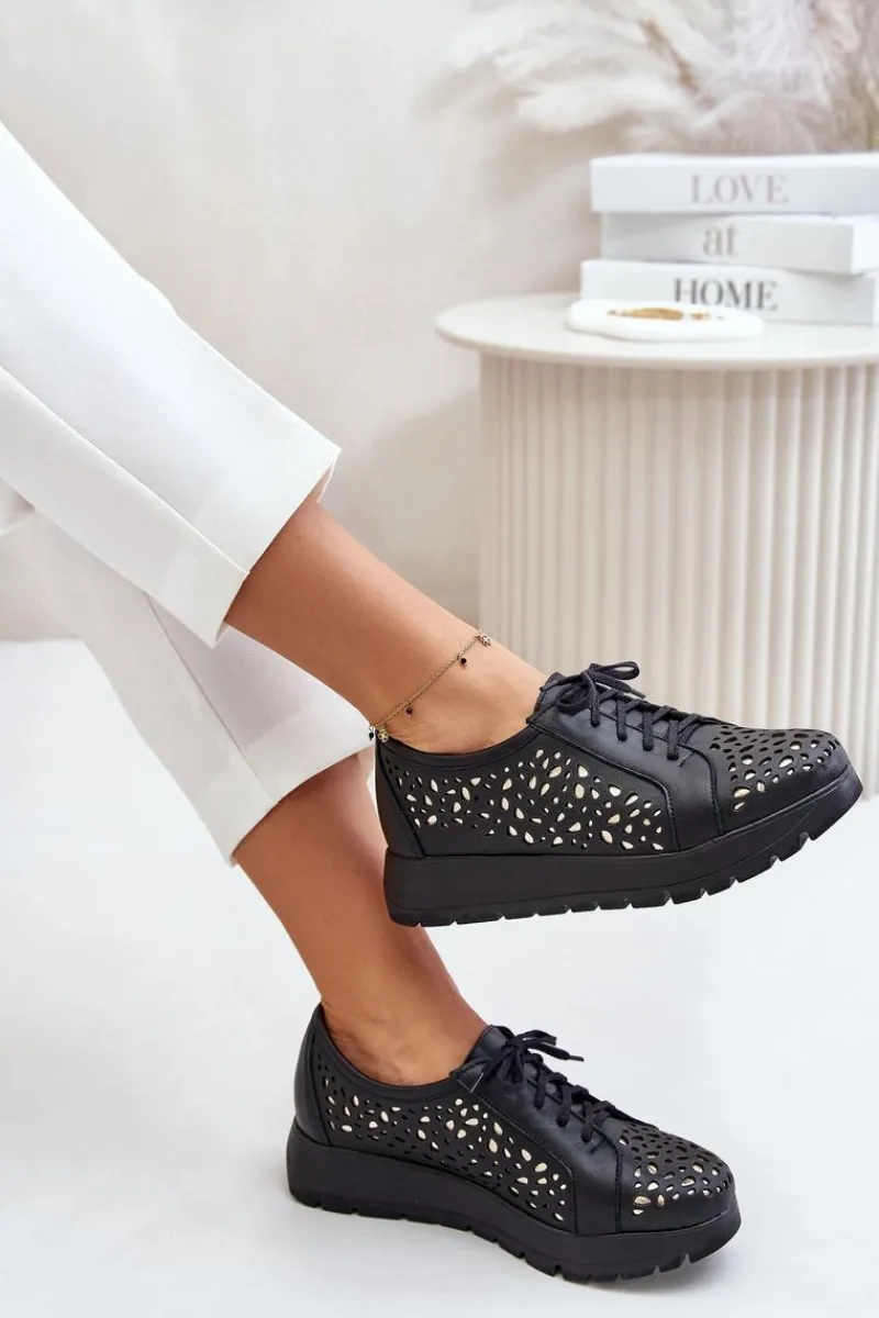 Hot Zazoo 2973 Skórzane Półbuty Na Platformie Z Ażurowym Wzorem Czarne Czarny