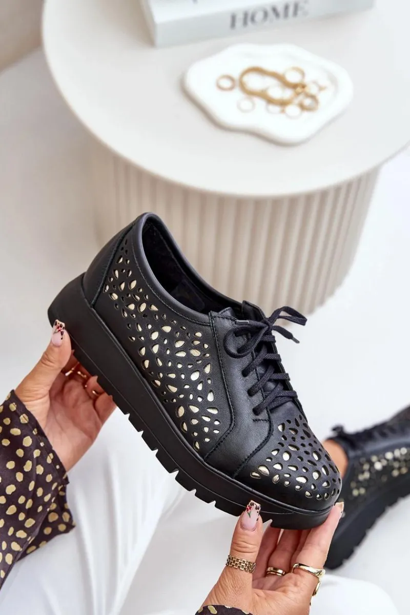 Hot Zazoo 2973 Skórzane Półbuty Na Platformie Z Ażurowym Wzorem Czarne Czarny