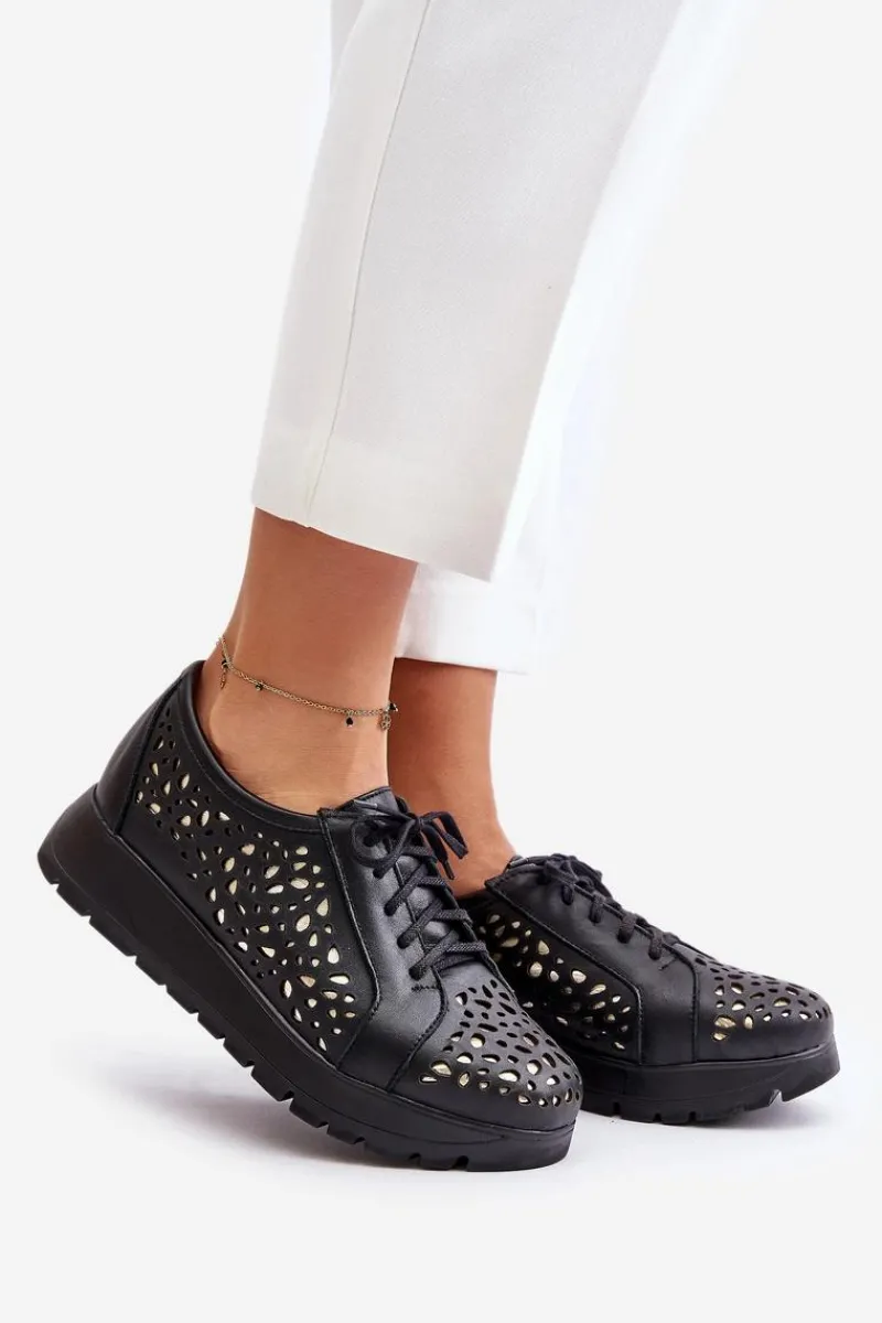 Hot Zazoo 2973 Skórzane Półbuty Na Platformie Z Ażurowym Wzorem Czarne Czarny