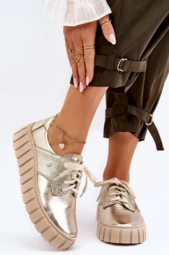 Półbuty Skórzane>Zazoo 10128 Skórzane Półbuty Na Platformie Złote