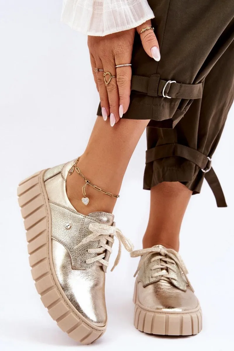 Półbuty Skórzane>Zazoo 10128 Skórzane Półbuty Na Platformie Złote