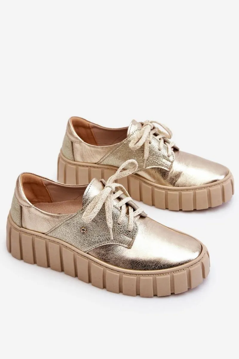 Półbuty Skórzane>Zazoo 10128 Skórzane Półbuty Na Platformie Złote