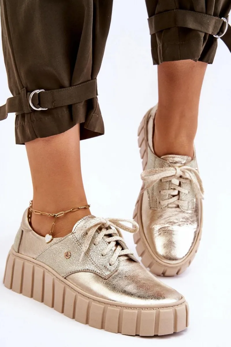 Półbuty Skórzane>Zazoo 10128 Skórzane Półbuty Na Platformie Złote