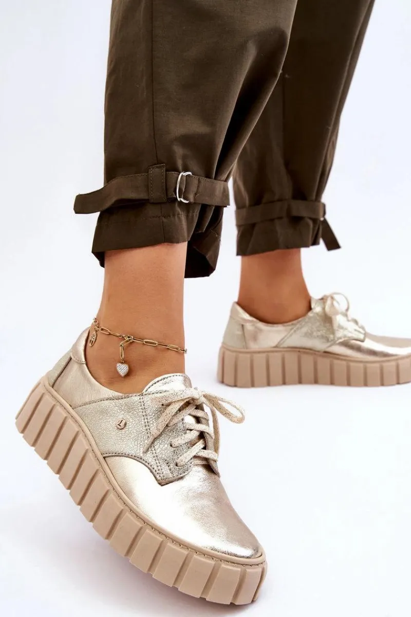 Półbuty Skórzane>Zazoo 10128 Skórzane Półbuty Na Platformie Złote