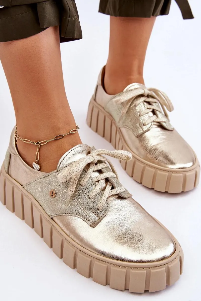 Półbuty Skórzane>Zazoo 10128 Skórzane Półbuty Na Platformie Złote