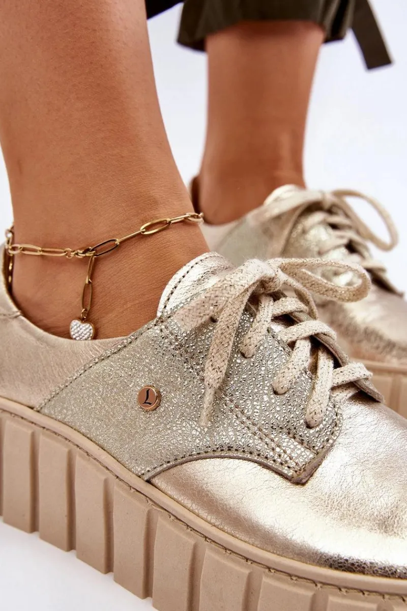 Półbuty Skórzane>Zazoo 10128 Skórzane Półbuty Na Platformie Złote